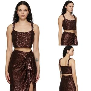 New Balmain Sequin Square Neckline Twisted Strap Brown Cropped Tank Top 12 US